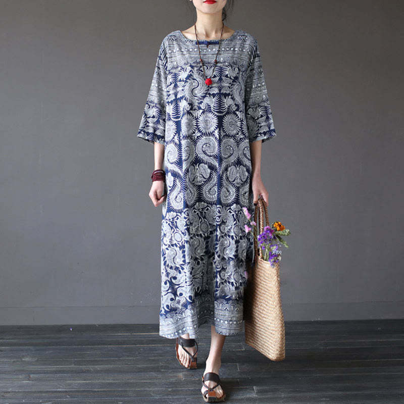 Blue White Flower Printed Button Midi Dress Three Quarter Sleeve Cotton Linen Dress With Pockets