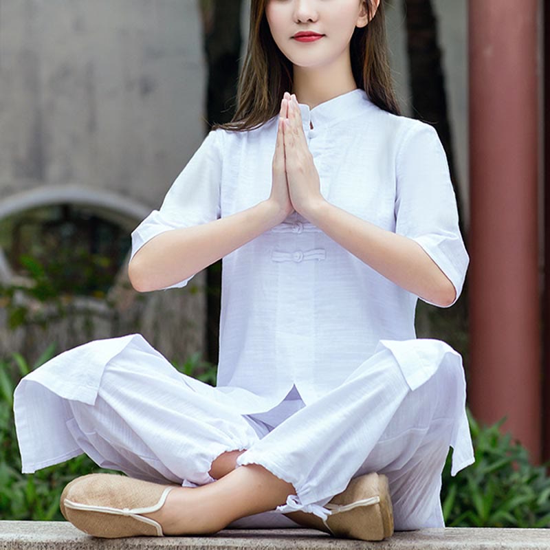 2Pcs Half Sleeve Shirt Top Pants Meditation Zen Tai Chi Linen Clothing Women's Set
