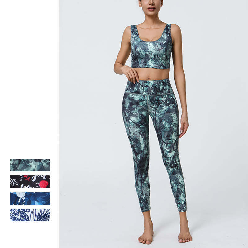 2Pcs Pineapple Grass Leaves Print Sports Fitness Crop Tank Bra High Waist Leggings Yoga Pants