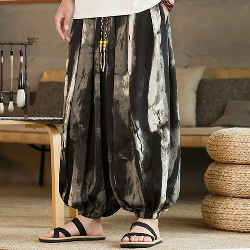 Black White Ink Gradient Cotton Linen Braided Drawstring Men's Harem Pants With Pockets