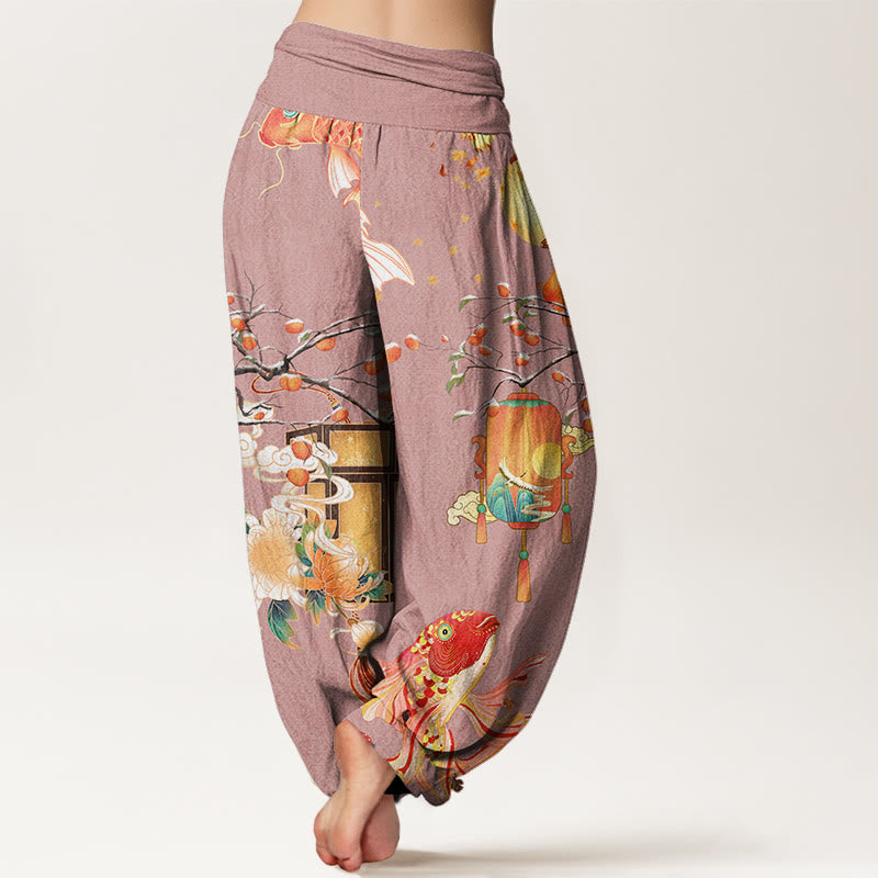 Koi Fish Lanterns Chrysanthemums Fruit Trees Women's Elastic Waist Harem Pants