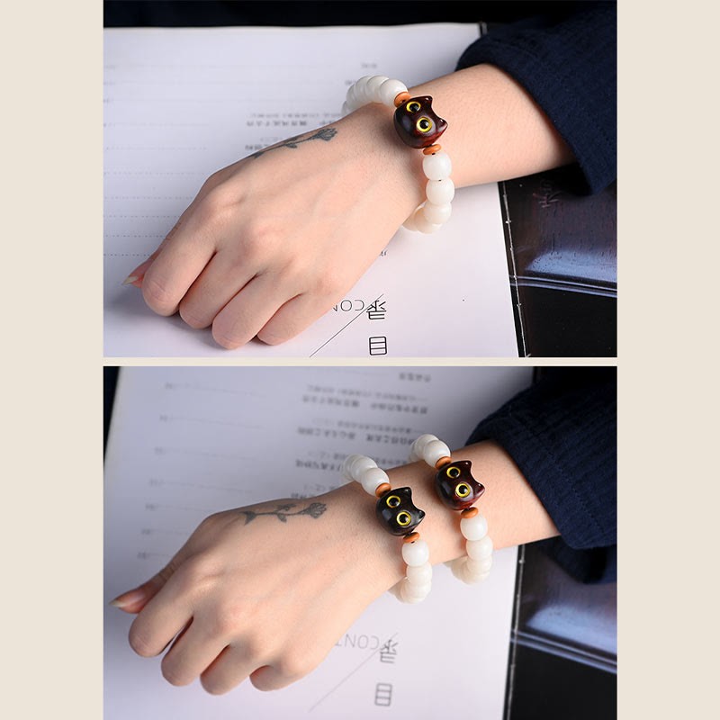 Natural Bodhi Seed Small Leaf Red Sandalwood Ebony Wood Cute Lucky Cat Wisdom Bracelet