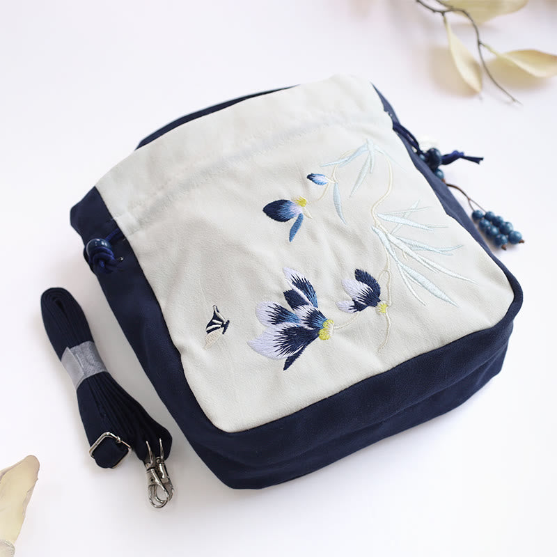 Embroidered Butterfly Lotus Magnolia Cotton Linen Tote Crossbody Bag Shoulder Bag Handbag
