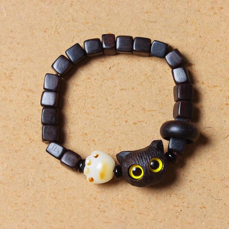 Ebony Wood Cute Cat Bodhi Seed Paw Claw Square Beads Calm Bracelet