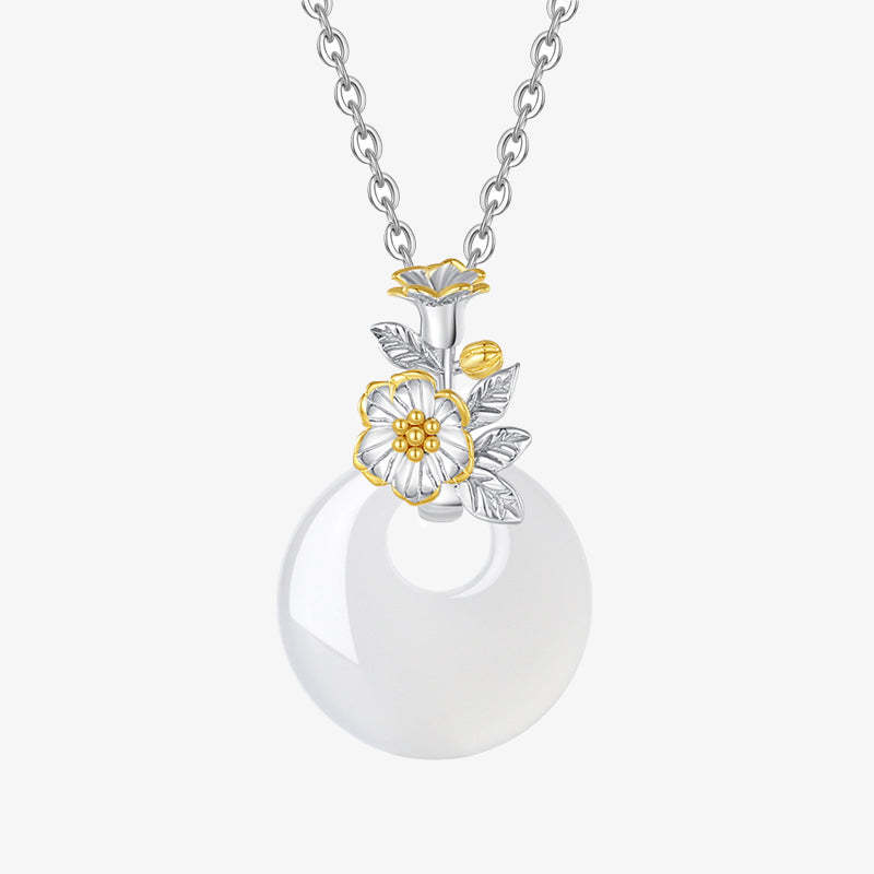 925 Sterling Silver Round Chalcedony Twelve Months Flower Harmony Necklace Pendant