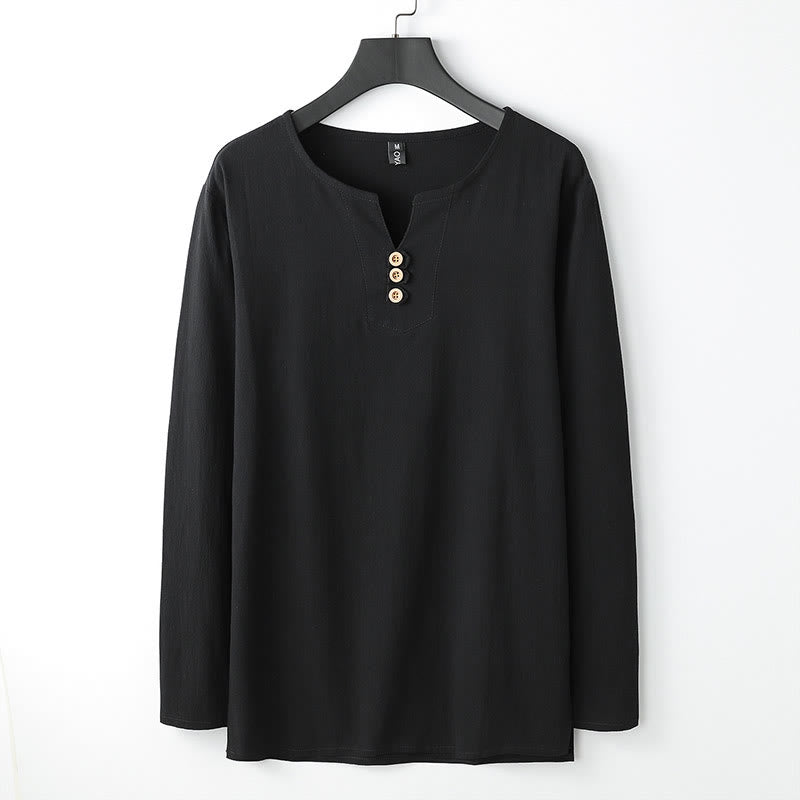 Solid Color Long Sleeve Button Shirt Cotton Linen Men Clothing