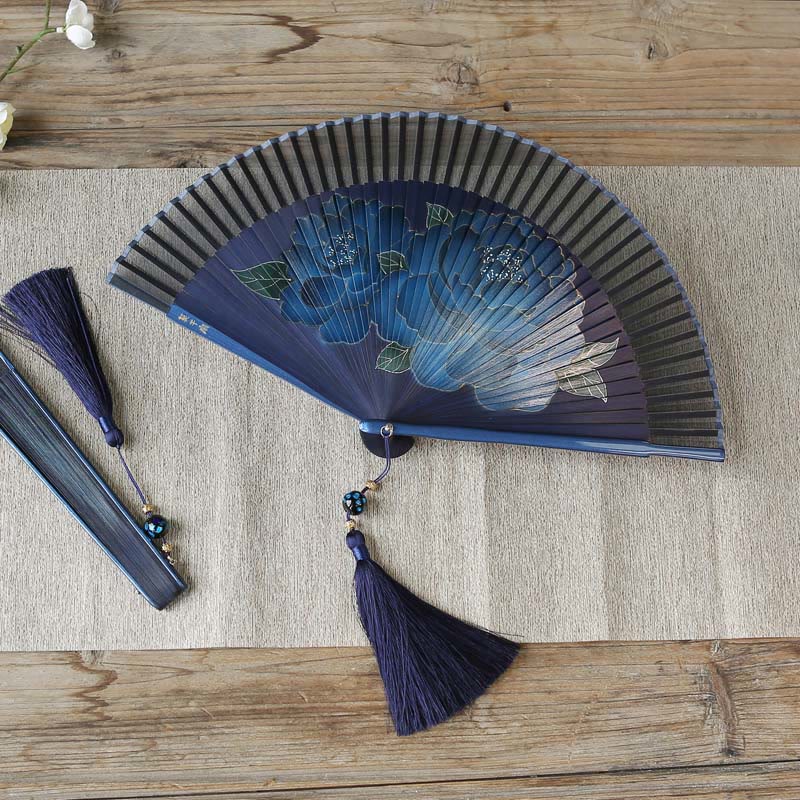 Peony Flowers Silk Handheld Bamboo Folding Fan