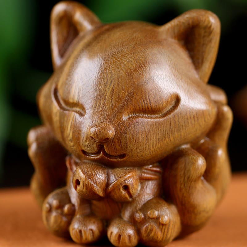 Mini Nine-Tailed Fox Ivory Fruit Sandalwood Green Sandalwood Blessing Decoration