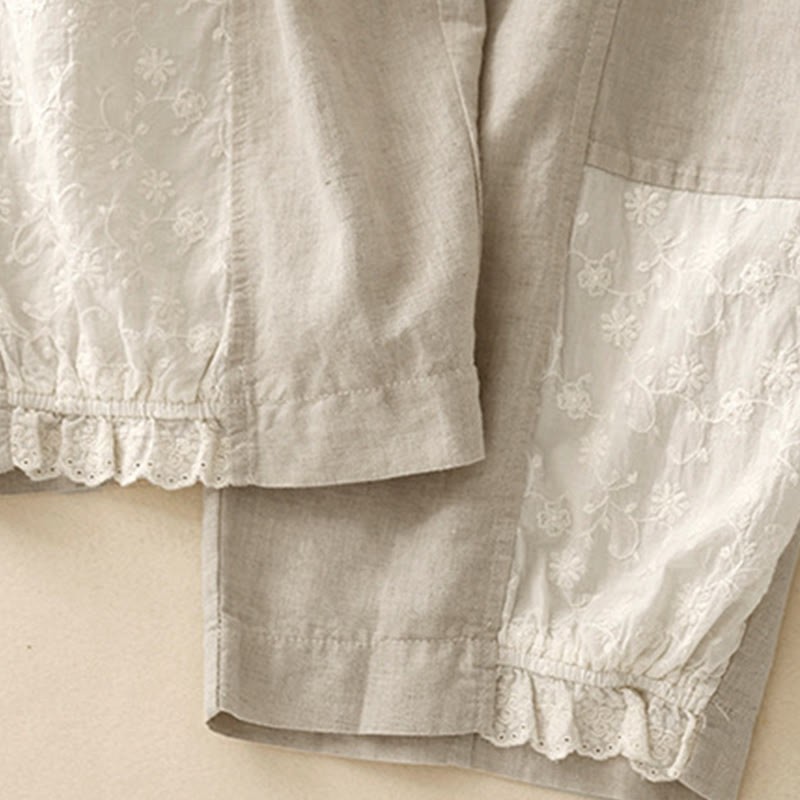 Casual Embroidery Patchwork Fabric 7-8 Length Cropped Pants Women's Cotton Harem Pants With Pockets