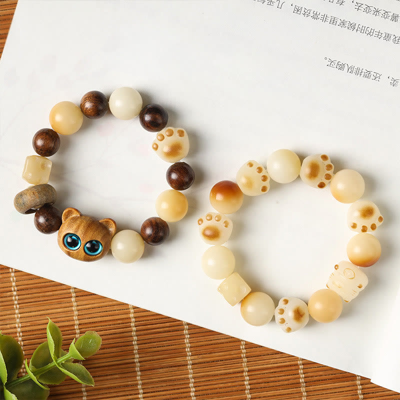 Natural Bodhi Seed Sandalwood Lucky Cute Cat Head Paw Claw Peace Bracelet