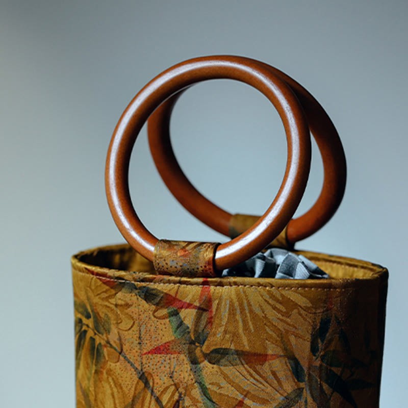 Bamboo Leaf Butterfly Cherry Blossom Persimmon Wood Handle Handbag