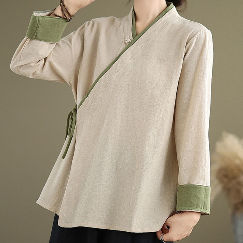 Fall Solid Color Hanfu Long Sleeve Lace Up Women's Shirt