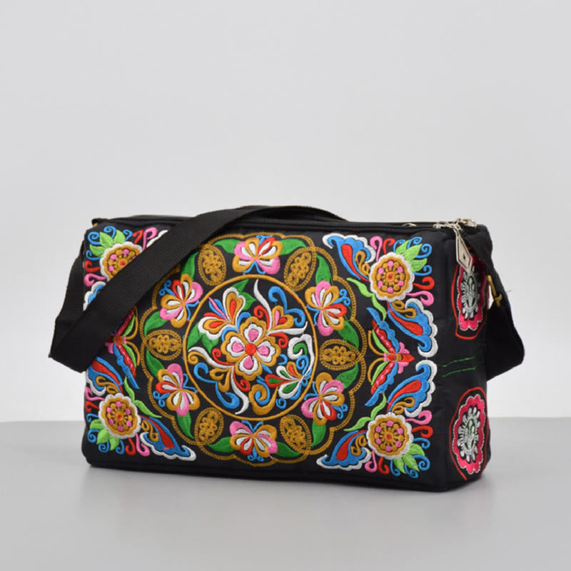 Galsang Inula Flower Peony Peacock Double-Sided Embroidery Canvas Shopping Purse Handbag Crossbody Bag