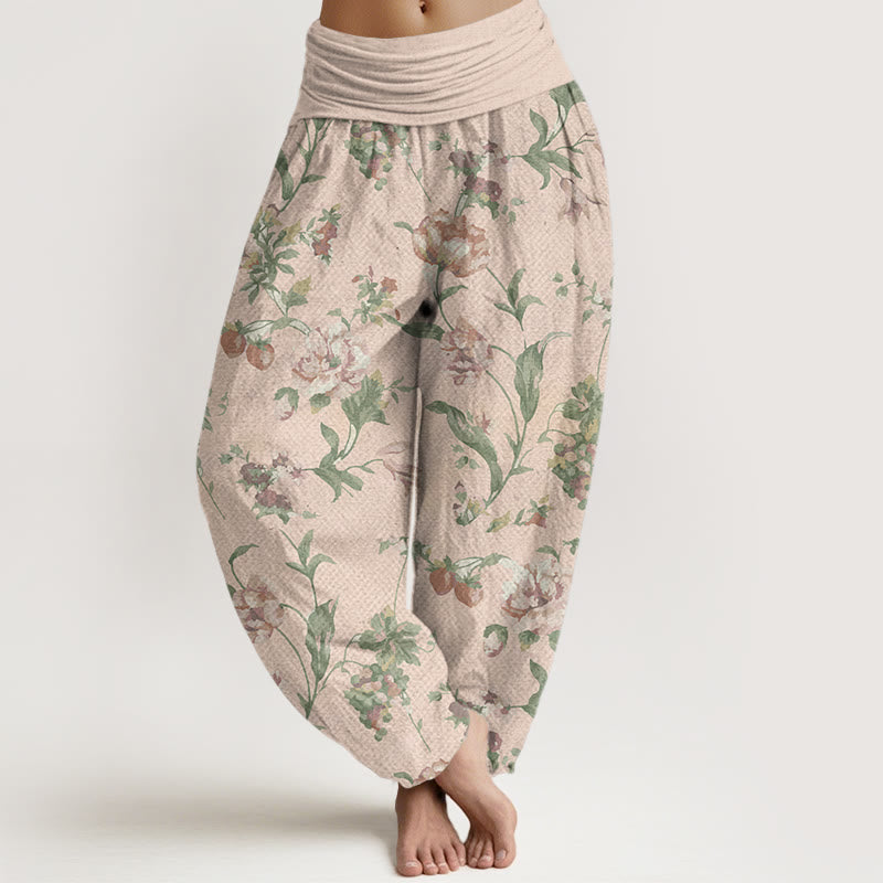 Casual Pink Flowers Pattern Women's Elastic Waist Harem Pants