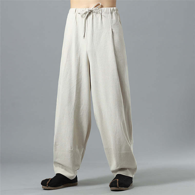 Casual Solid Color Drawstring Cotton Linen Men's Pants With Pockets