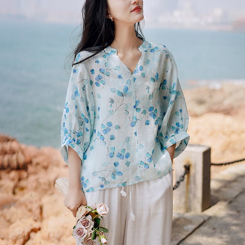 Fruits Leaves Pattern Lantern Sleeve Top Loose Tee T-shirt