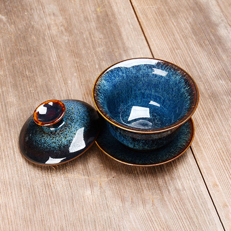 Vintage Kiln Change Design Ceramic Gaiwan Sancai Teacup Kung Fu Tea Cup And Saucer With Lid