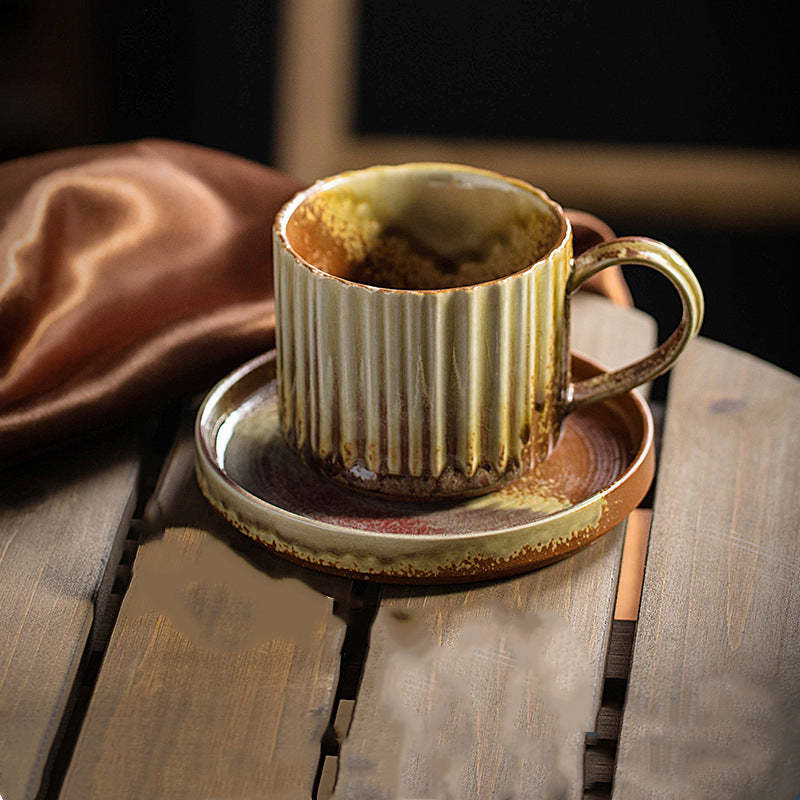 Retro Striped Kiln Change Ceramic Coffee Mug Rough Pottery Tea Coffee Cup With Saucer 250ml