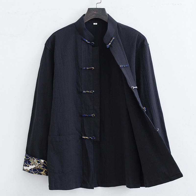 Men's Frog-Button Tang Suit Cotton White Crane Embroidery Jacket Shirt With Pockets