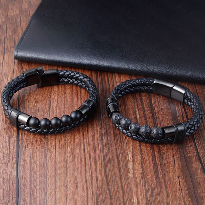 Lava Rock Frosted Stone Healing Leather Magnetic Buckle Bracelet