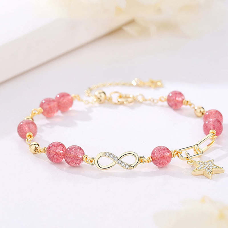 14K Gold Plated Natural Strawberry Quartz Moonstone M?bius Loop Eternal Love Star Positive Bracelet