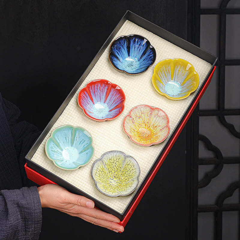 6Pcs Plum Blossom Petal Pattern Chinese Jianzhan Kiln Change Ceramic Teacup Kung Fu Tea Cup Bowl With Gift Box