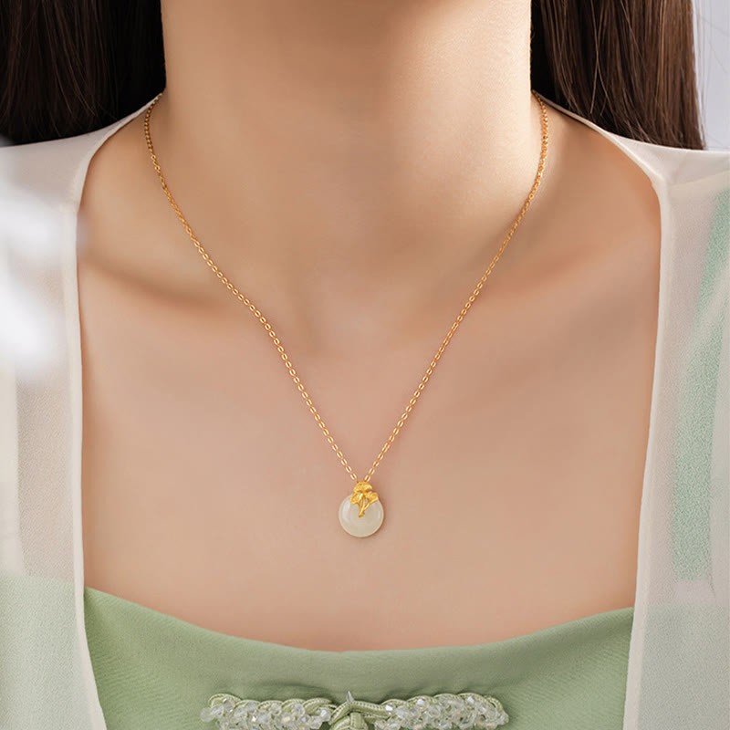 925 Sterling Silver Hetian Jade Ginkgo Leaves Prosperity Necklace Pendant