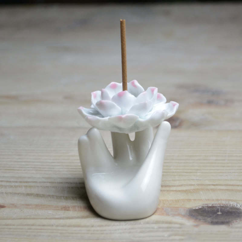 Small Ceramic Lotus Hand Healing Meditation Incense Burner Decoration
