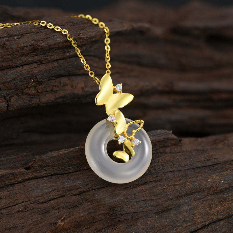 925 Sterling Silver Butterfly Chalcedony Peace Buckle Blessing Luck Necklace Pendant