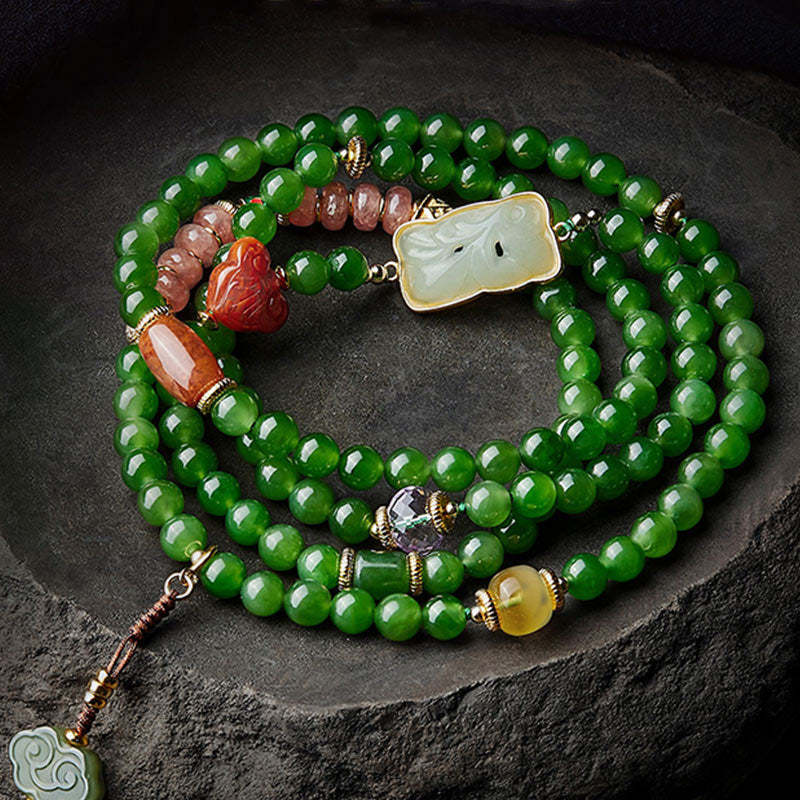108 Mala Beads Cyan Jade Red Agate Laughing mystic zen Luck Bracelet