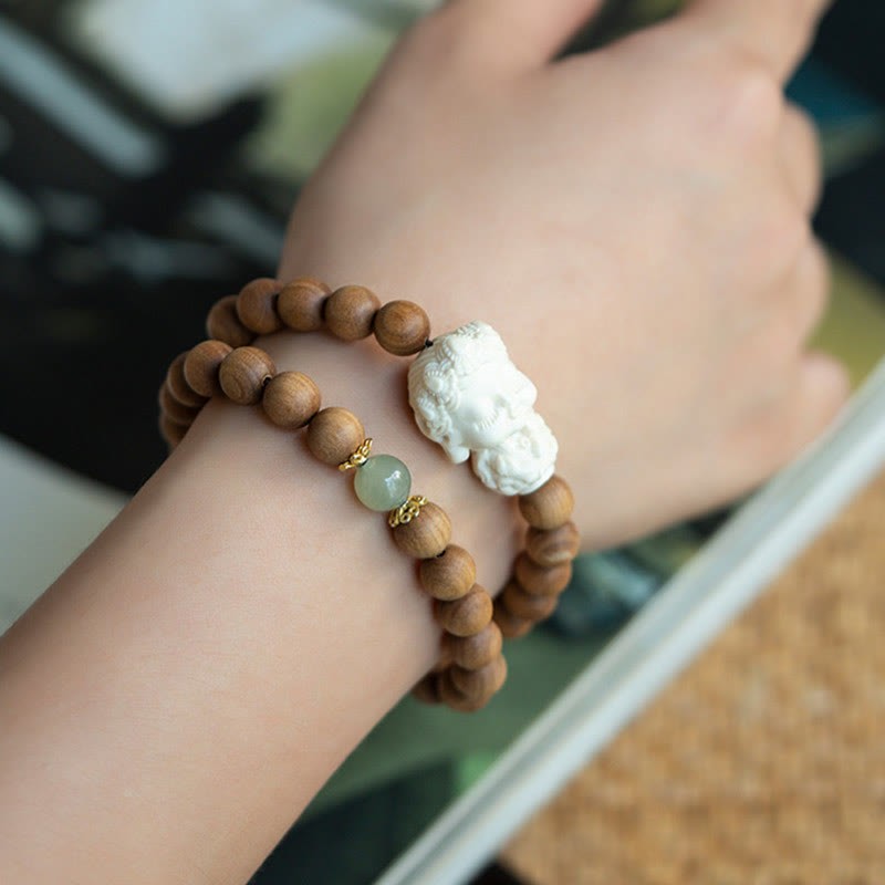Sandalwood Hetian Jade Ivory Fruit Green Tara Protection Bracelet