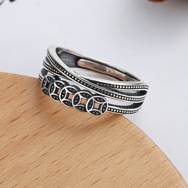 925 Sterling Silver Copper Coins Wealth Blessing Adjustable Ring