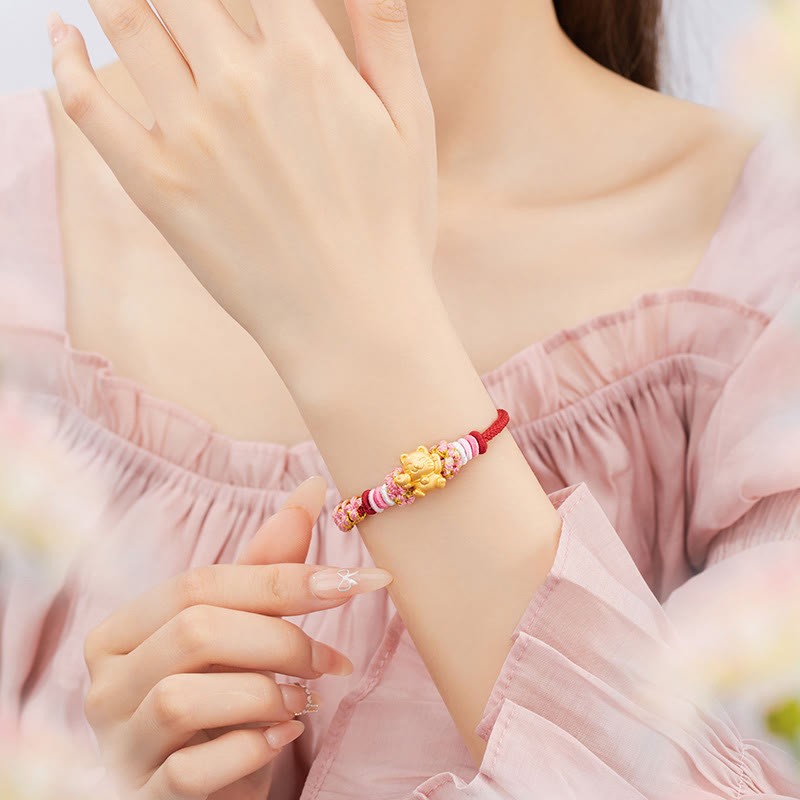 Handmade 999 Sterling Silver Fortune Cat Ingot Peach Blossom Luck?Red Rope Bracelet