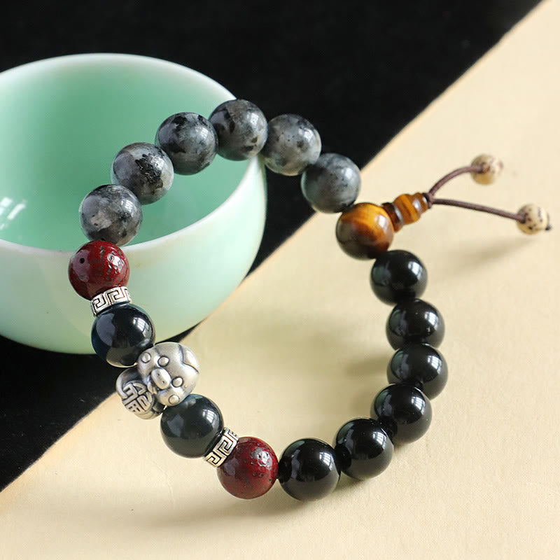 Black Glitter Stone Black Onyx 999 Sterling Silver Fu Character Copper Coin Year Of Snake Protection Bracelet