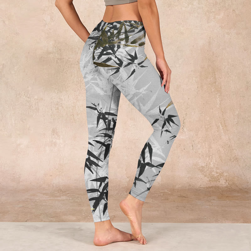 Dark Gray Bamboo Leaves Print Gym Leggings Women's Yoga Pants
