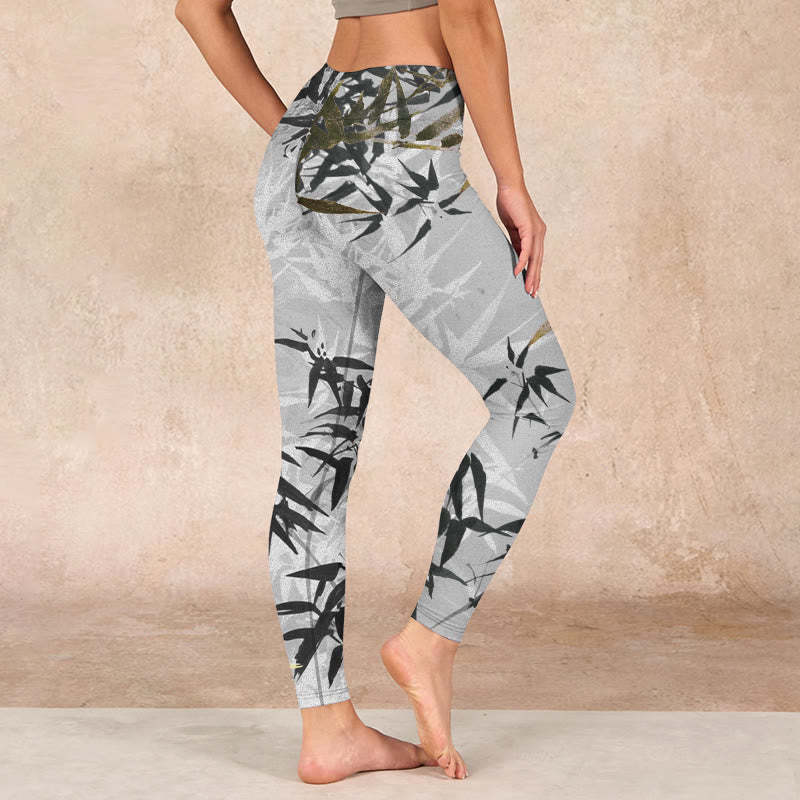 Dark Gray Bamboo Leaves Print Gym Leggings Women's Yoga Pants