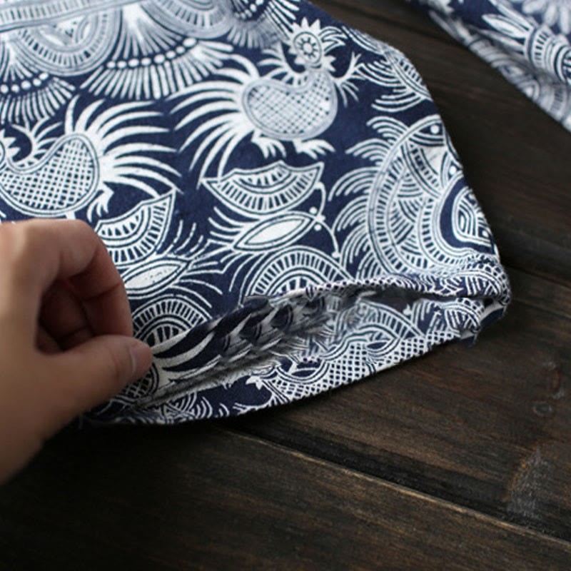 Blue White Flower Printed Button Midi Dress Three Quarter Sleeve Cotton Linen Dress With Pockets