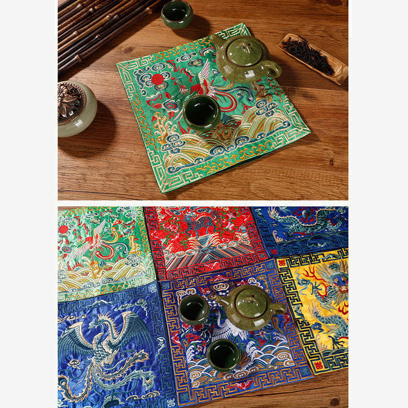 Crane Phoenix Dragon Kirin Embroidered Cup Mat Pad Tea Cup Coaster Square Kung Fu Tea Mat