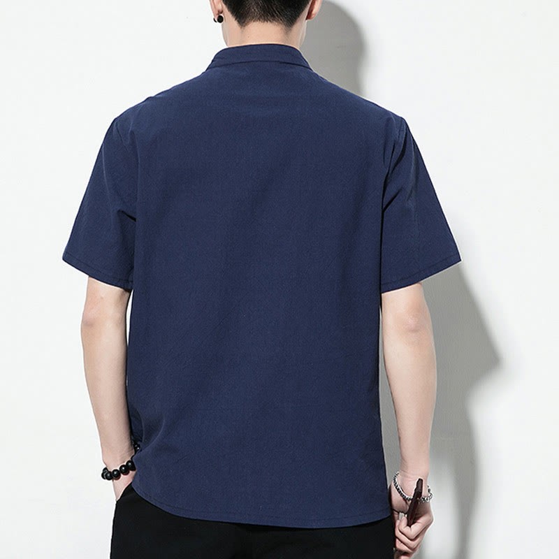 Casual Solid Color Front Frog Buttons Chinese Tang Suit Short Sleeve Linen Men's Shirt