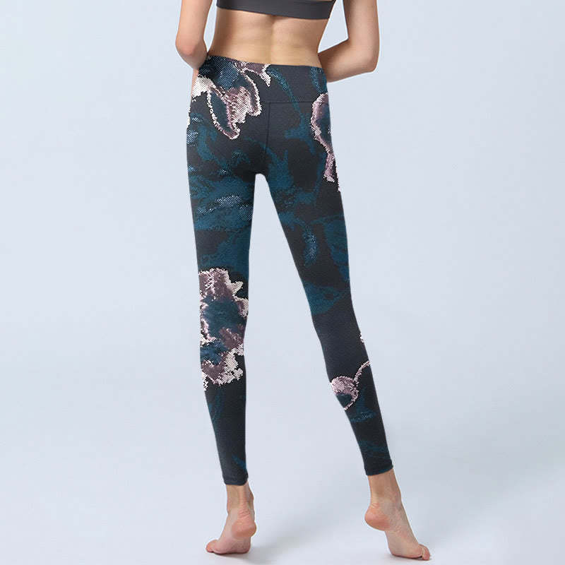 SteelBlue Silver Flowers Print Exercise Leggings Women's Yoga Pants