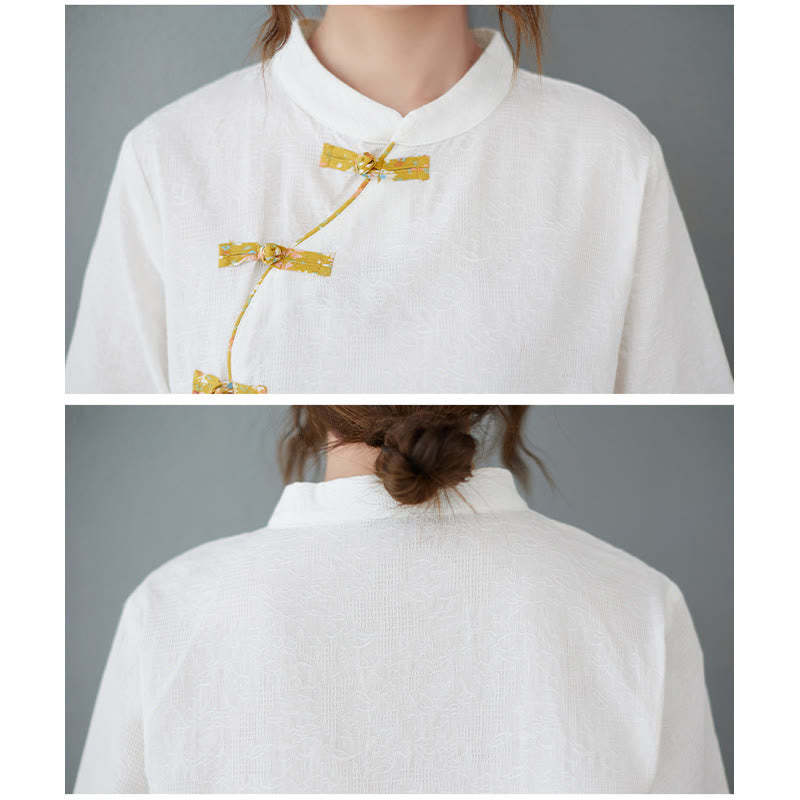 Floral Pattern Frog-Button Half Sleeve Cotton Linen Shirt