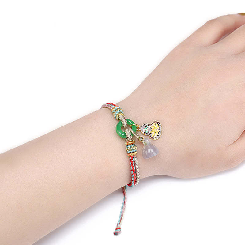 Colorful Rope Chalcedony Lotus Jade Peace Buckle Harmony Gourd Charm Bracelet