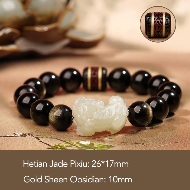 Natural Gold Sheen Obsidian Hetian Cyan Jade White Jade PiXiu Wealth Bracelet