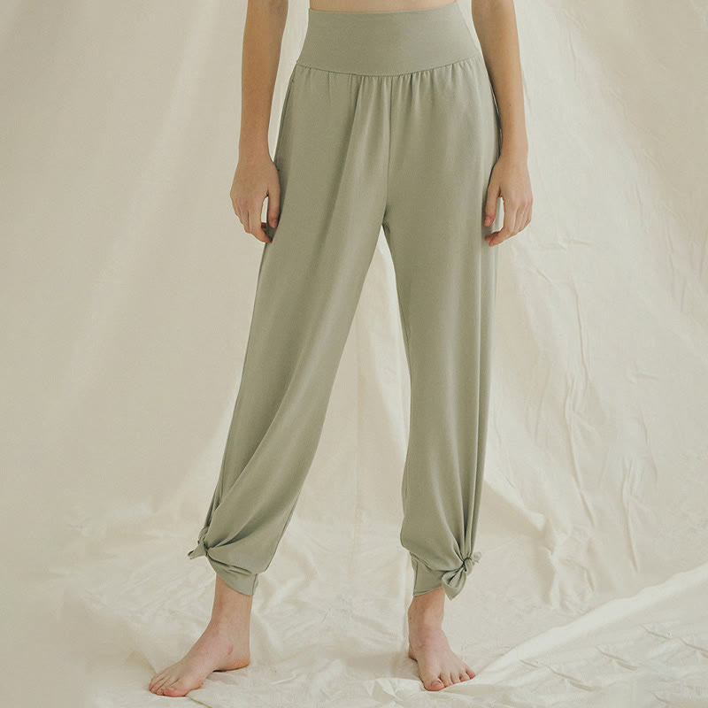Casual Loose Tie-down Hem Plain High Waist Women's Leica Pants With Pockets