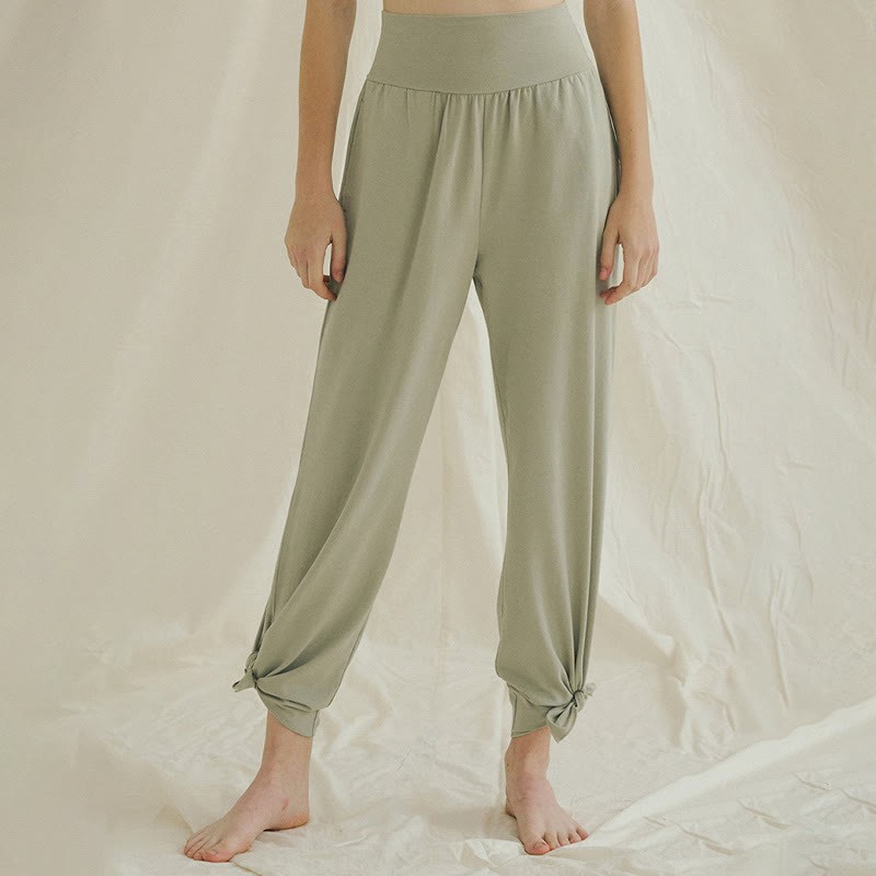 Casual Loose Tie-down Hem Plain High Waist Women's Leica Pants With Pockets