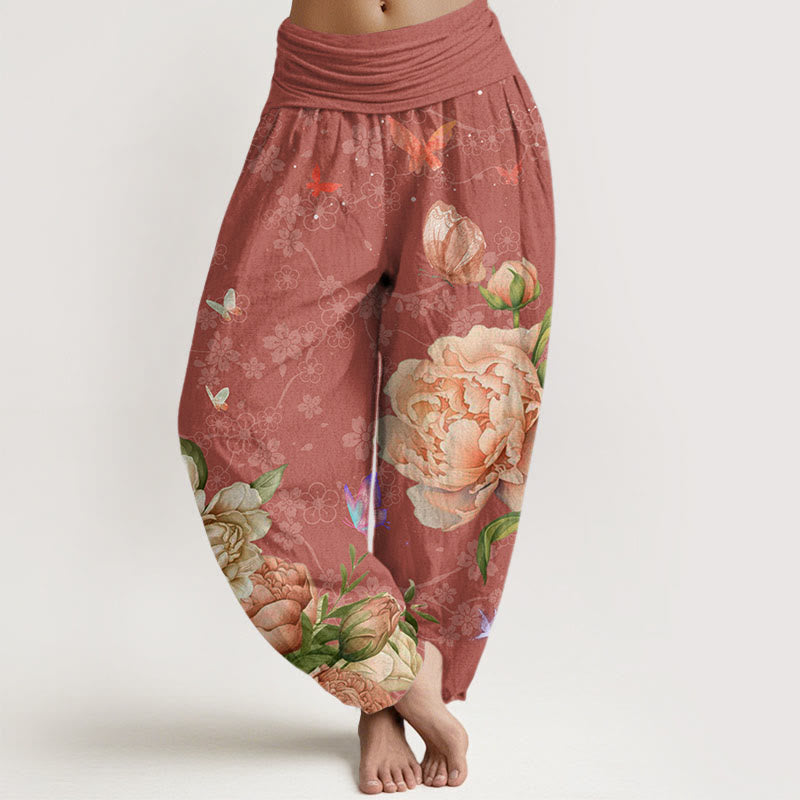 Casual Bright Peony Flower Butterfly Women's Elastic Waist Harem Pants