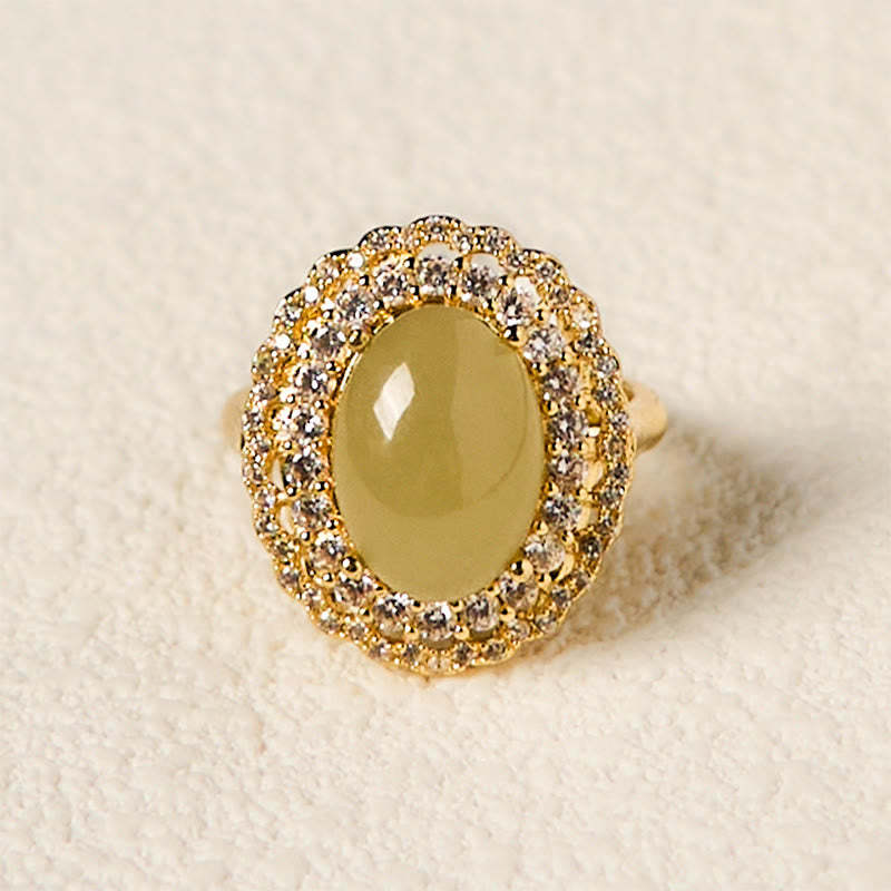 Natural Hetian Jade Egg Hollow Double Circle Zirconia Copper Open Abundance Ring