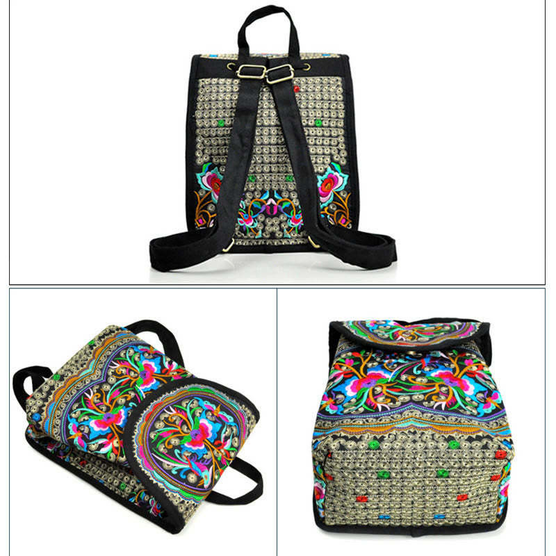 Peony Chinese Money Tree Embroidery Canvas Backpack