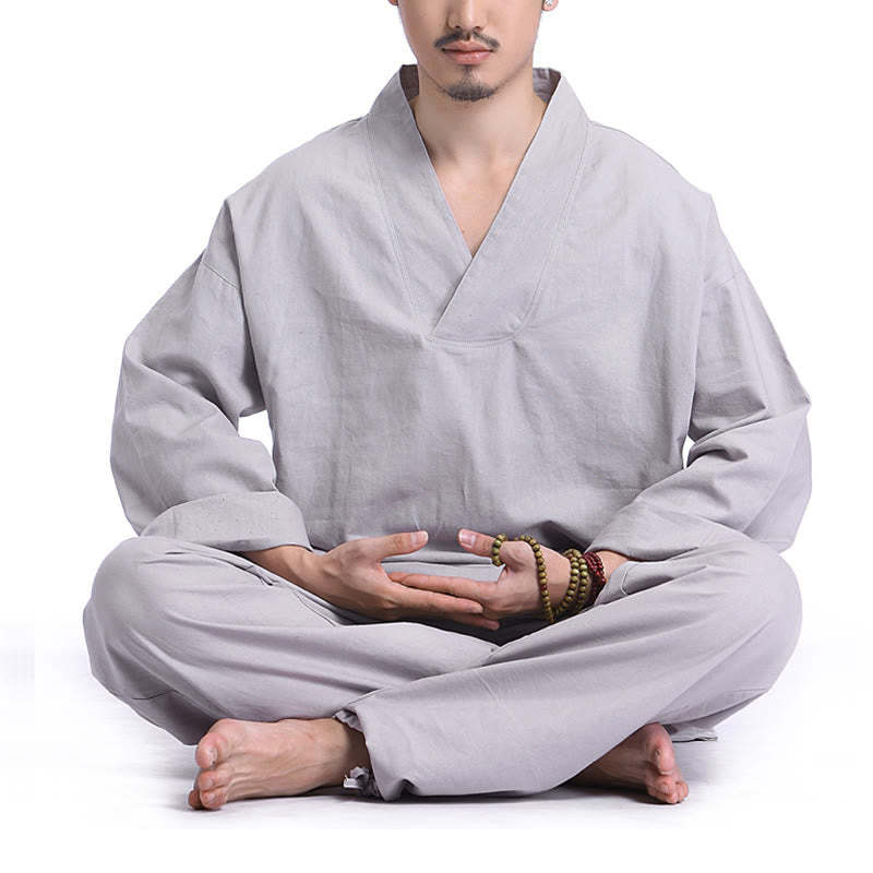 Meditation Prayer V-neck Design Cotton Linen Spiritual Zen Practice Yoga Clothing Men's Set