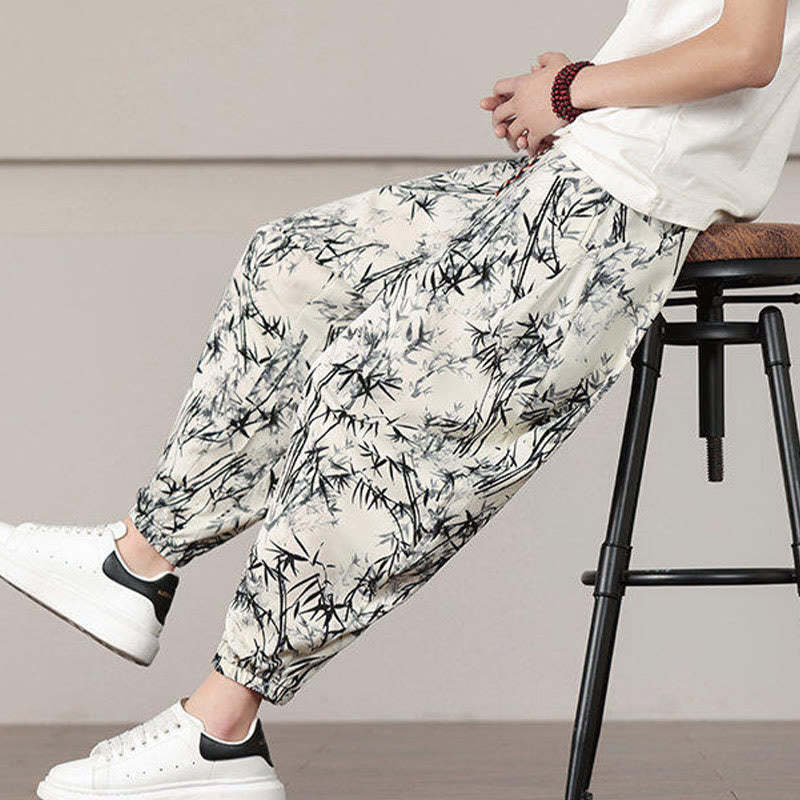 Bamboo Leaf Pattern Drawstring Men's Harem Pants With Pockets